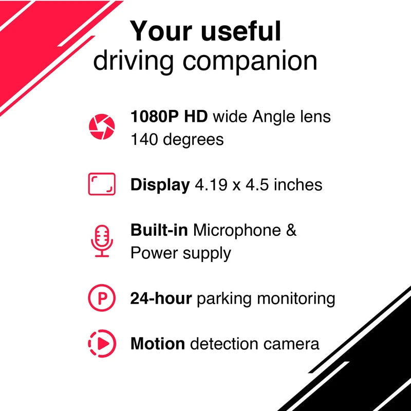 CamHandy Car Dash Cam - 24/7 Security Car Camera, Motion Detection, Night Vision, Built-in Microphone, 1080P HD Dash Camera for Cars, Size 30.2cm x 8.2cm x 4cm