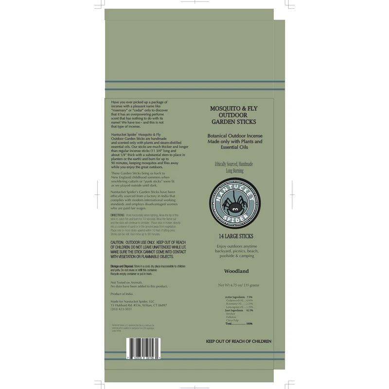 Nantucket Spider Garden Incense Sticks | Repellent for Mosquitoes and Flies | Long Lasting with Pleasant Fragrance | Woodland - Pack of 14