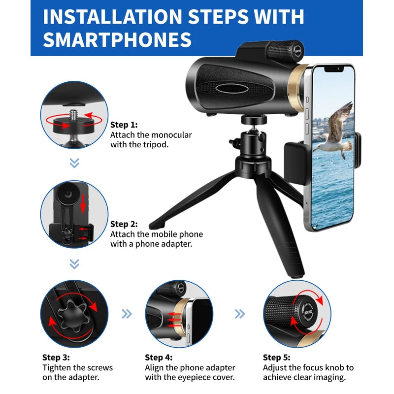 80x100 High Power Monocular Telescope with Smartphone Adapter Tripod, Larger Vision Monoculars for Adults with BAK4 Prism, Suitable for Bird Watching Hunting Hiking Camping Wildlife