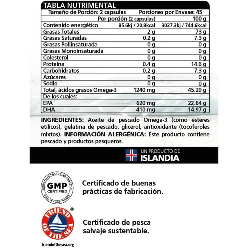 Lysi Omega-3 Forte 90 Capsulas, 1030 mg de EPA+ DHA, Aceite de Pescado 100% Salvaje y Sustentable, Importadas de Islandia.