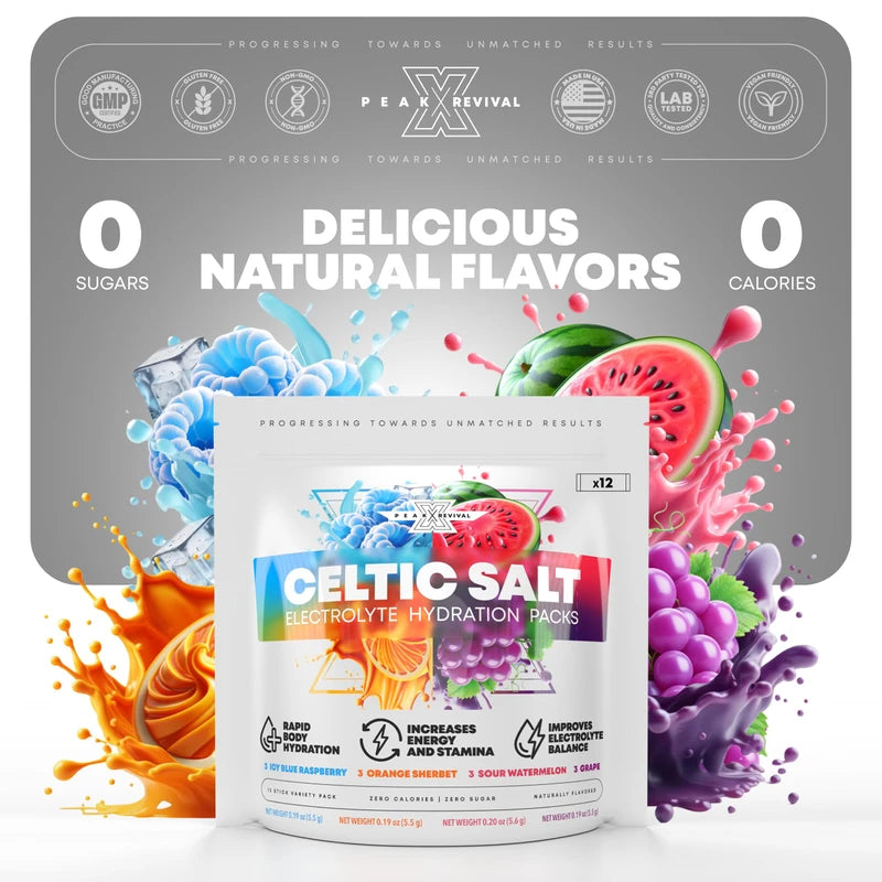 Peak Revival-X Electrolytes Powder Packets - Celtic Salt Electrolyte Drink Mix for Rapid Hydration - Non-GMO, Vegan Friendly, Gluten Free & Sugar Free Electrolytes Powder - Variety Pack (12 Packets)