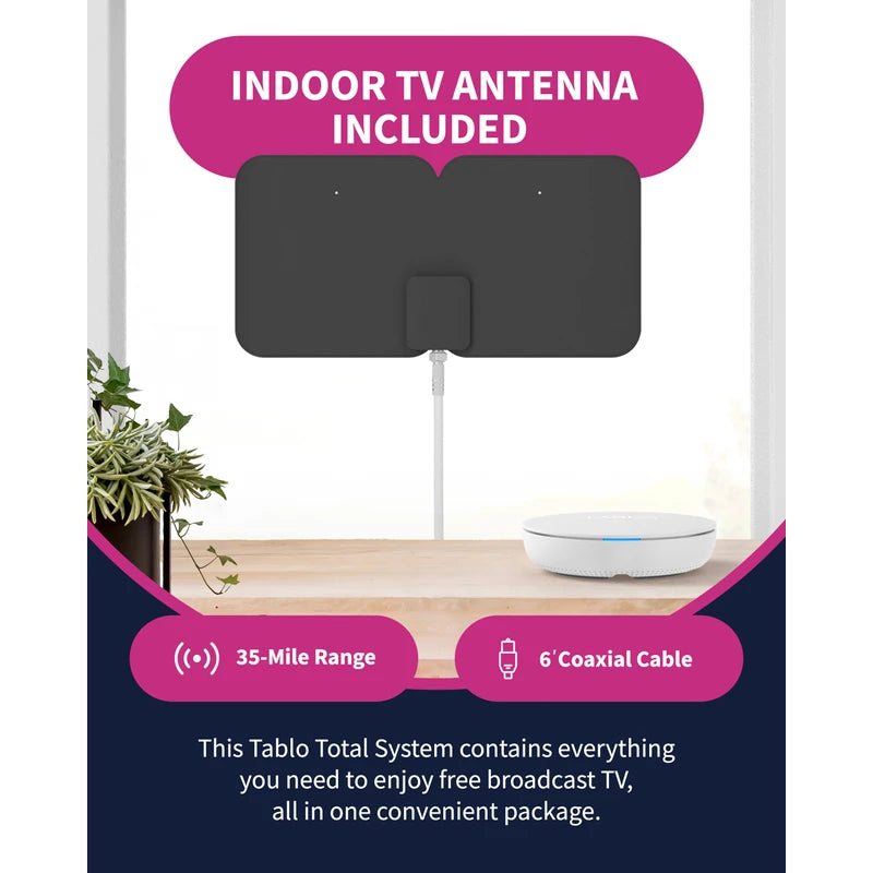 Tablo 4th Gen 2-Tuner Over-The-Air (OTA) DVR + 35-Mile Indoor TV Antenna - Watch, Pause & Record Live TV, News, Sports & Movies in Your Home Over Wi-Fi - 50+ Hrs Recording - No Subscriptions (Renewed)