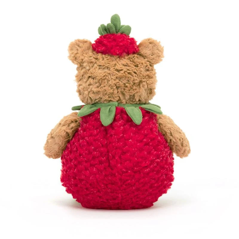 Bartholomew Bear Strawberry - Plush Bear with Removable Strawberry Costume, Green Suedette Collar & Perky Hat - Perfect Summer Companion for Snuggles and Fun!
