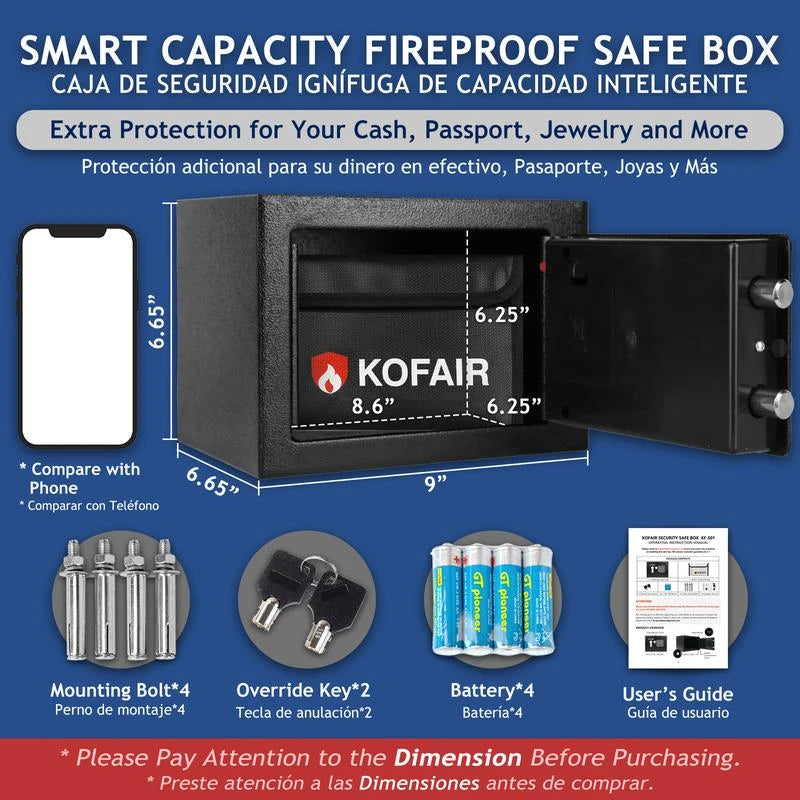 KOFAIR safe box for Home Safe with Fireproof Bag, money saving safe, safe storage cabinet,smell proof container wall & floor safes smart - Size: 0.23 Cubic Feet (Black)