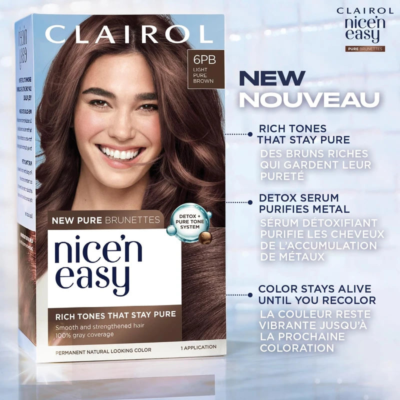Clairol Nice'n Easy Pure Brunettes Permanent Hair Dye, 6.5PB Lightest Latte Blush Brown Hair Color, Pack of 1