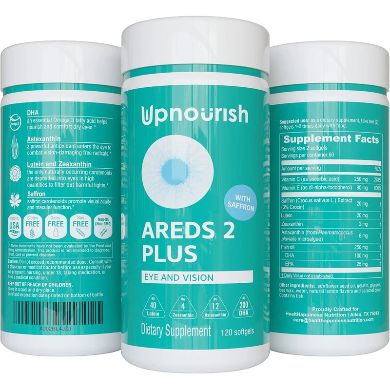 UpNourish AREDS 2+ Advanced Eye Vitamin | Eye Health | Macular & Dry Eye Support | Lutein, Zeaxanthin, Saffron, Astaxanthin & DHA | 120 Softgels