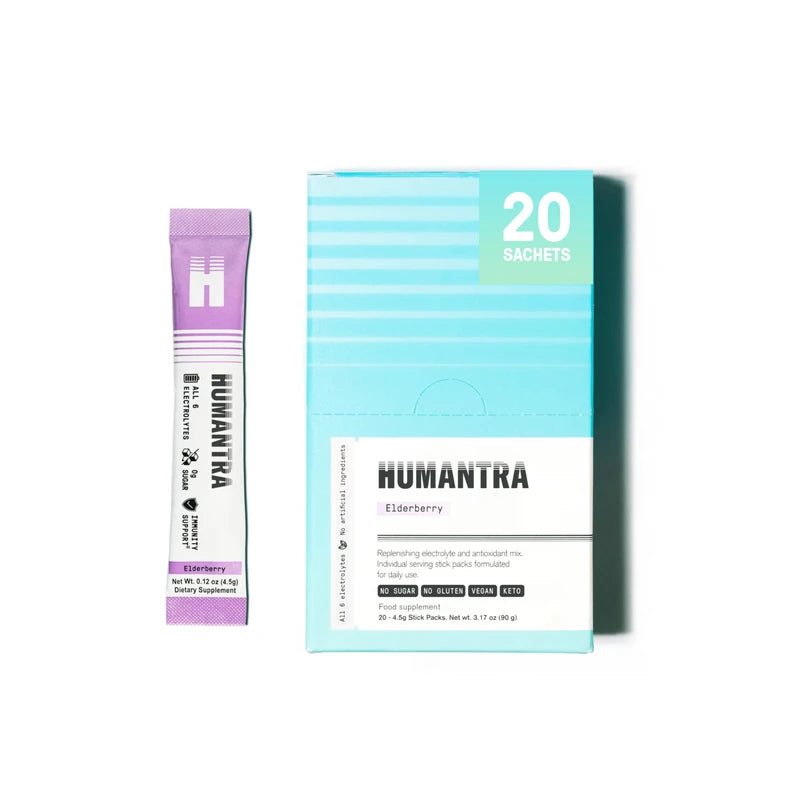 Humantra Hydration Packets | Zero Calorie, Zero Sugar Electrolyte Hydration Multiplier w/Essential Minerals & 6 Electrolytes | Electrolytes Powder (20 Count, Elderberry)