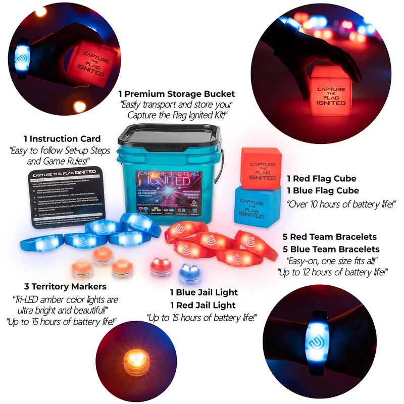 GETMOVIN SPORTS Capture The Flag Ignited Kit with Glow-in-The-Dark LED Game Pieces and Storage Bucket Outdoor Yard Game Fun!
