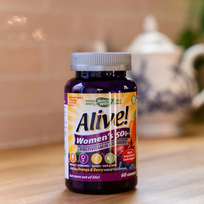 Alive! Women’s 50+ Multivitamin Gummies, Multi-Vitamins & Minerals with a Blend of 26 Fruits & Vegetables, Specially Balanced Formulation for Women, Suitable for Vegetarians - 60 Gummies
