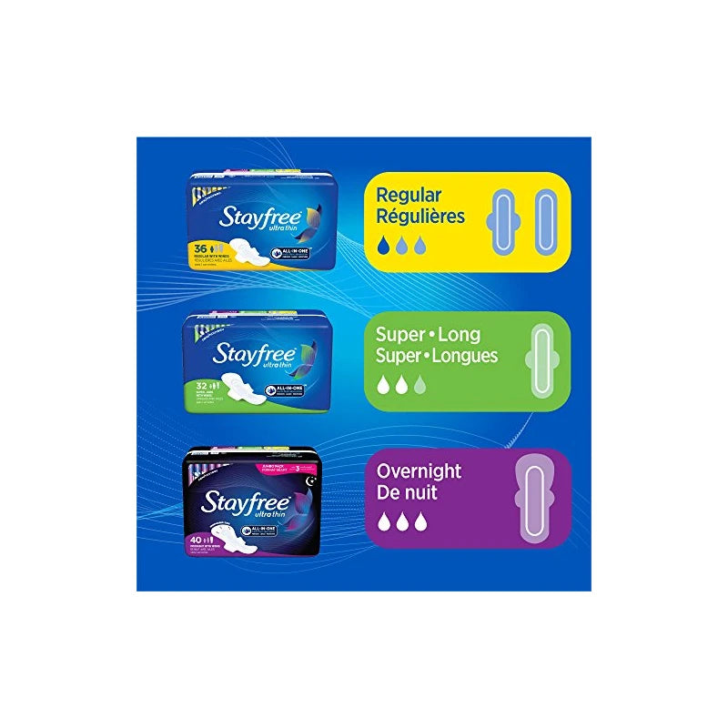 Stayfree Ultra Thin Overnight Pads with Wings, For Women, Reliable Protection and Absorbency of Feminine Moisture, Leaks and Periods, 40 Count