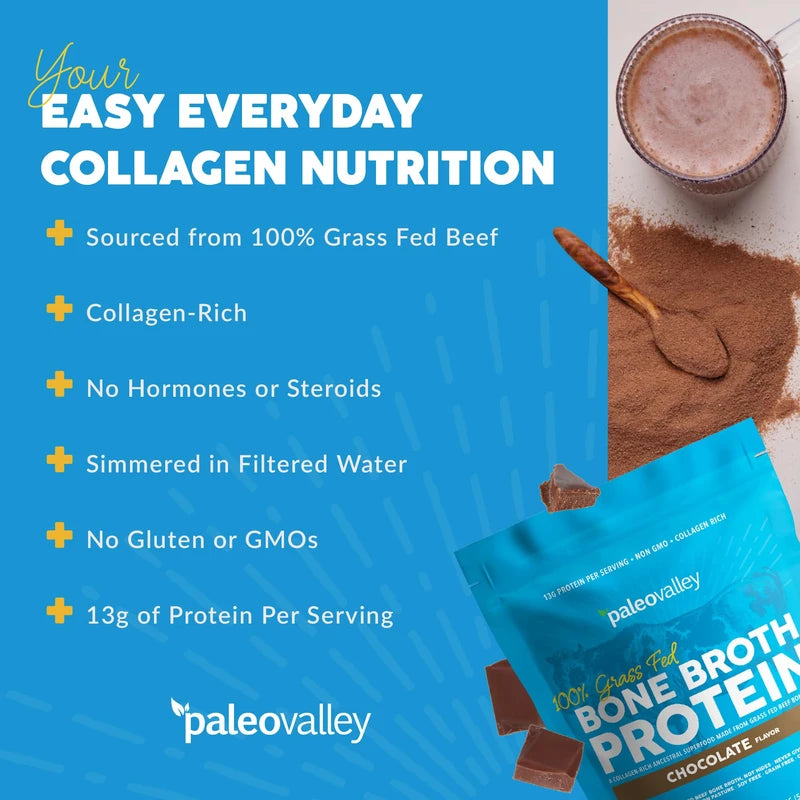 Paleovalley Paleovalley 100% Grass Fed Bone Broth Protein Powder - Chocolate - Rich in Collagen for Hair, Skin, Gut Health, Bone and Joint Support - 28 Servings
