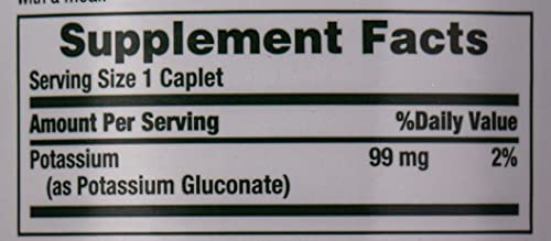 Nature's Bounty Potassium 99mg, Supports Fluid Balance and Muscle Activity, Involved in Normal Heart Function, Potassium Gluconate Dietary Supplement, 1 Per Day, 100 Vegetarian Caplets (Pack of 3)