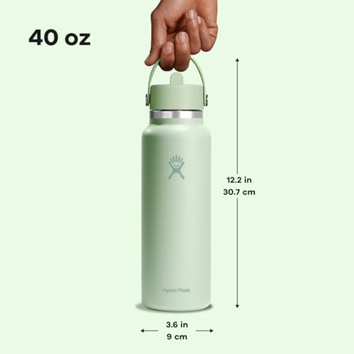 HYDRO FLASK Wide Mouth vacuum insulated stainless steel water bottle with leakproof closeable straw lid for cold water drinks, sports, travel, car and school