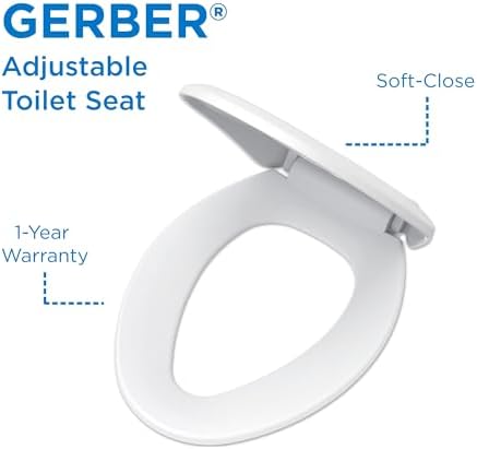 Gerber Elongated Toilet Seat with Cover, Soft Close, No Slam, Quick & Easy Install, Heavy-Duty Plastic, Adjustable Fit for Standard Elongated Toilets, Durable & Fade-Resistant, White G0099213