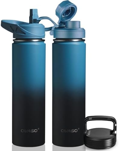 CIVAGO 24 oz Insulated Water Bottle With Straw, Stainless Steel Sports Water Flask Cup with 3 Lids (Straw, Spout and Handle Lid), Double Walled Travel Thermal Canteen Mug, Indigo Black