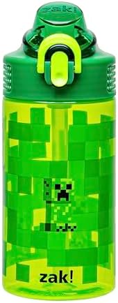 Zak Designs Sage Minecraft Kids Water Bottle For School or Travel, 16oz Durable Plastic Water Bottle With Straw, Handle, and Leak-Proof, Pop-Up Spout Cover (Creeper)