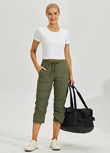 Willit Women's Quick-Dry Capris Hiking Travel Pants Striped Woven Workout Pants with Pockets Lightweight
