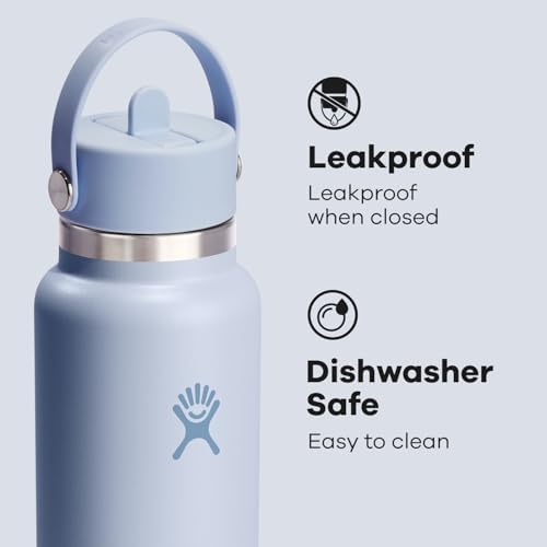 HYDRO FLASK Wide Mouth vacuum insulated stainless steel water bottle with leakproof closeable straw lid for cold water drinks, sports, travel, car and school
