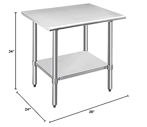 ROCKPOINT Stainless Steel Table for Prep & Work 24x36 Inches, NSF Metal Commercial Kitchen Heavy Duty Table with Adjustable Under Shelf and Table Foot for Restaurant, Home and Hotel