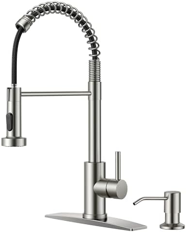 FORIOUS Kitchen Faucet with Soap Dispenser, Brushed Nickel Stainless Steel Spring Sink Faucet with Pull Down Sprayer Transitional Single Handle for Farmhouse Camper Laundry Camper