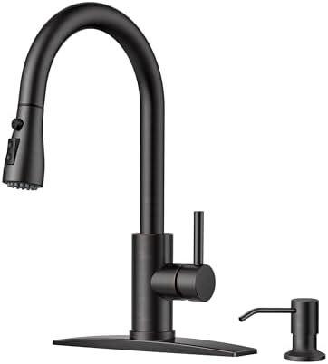 FORIOUS Kitchen Faucet with Soap Dispenser and Pull Down Sprayer, High Arc Single Handle Classic 3 Modes Stainless Steel Faucet for Kitchen Sink Farmhouse RV Bar Laundry Camper, Oil Rubbed Bronze