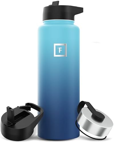 IRON °FLASK Camping & Hiking Hydration Flask with 3 Lids - Stainless Steel, Double Walled & Vacuum Insulated Water Bottle - Leak Proof & BPA Free (Blue Waves, Straw - 40 oz)
