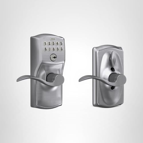 Schlage Camelot Keypad Lock with Lever Handle, Electronic Keyless Door Entry, Flex Lock Auto‑Lock Option, Satin Chrome, FE595 CAM 626 ACC