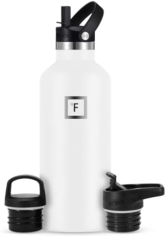 IRON °FLASK Camping & Hiking Hydration Canteens - 3 Lids (Narrow Straw Lid) Leak Proof Vacuum Insulated Stainless Steel - Hot & Cold Double Walled Sports Water Bottle - Winter White, 32 Oz