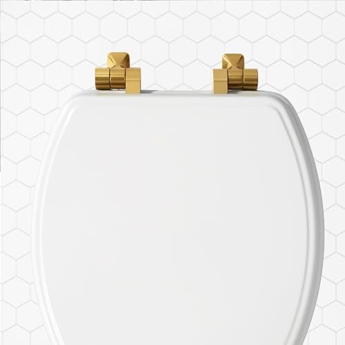 Mayfair Bennett Toilet Seat with Brushed Gold Hinges, Slow Close Wood Seat, Secure Metal Hinges, Easy Install, Made in USA, Elongated, White