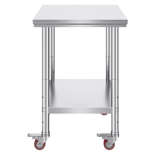 Mophorn Stainless Steel Work Table with Wheels 24 x 30 x 32 Inch Prep Table with 4 Casters Heavy Duty Work Table for Commercial Kitchen Restaurant Business, Silver and Black