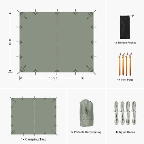 FREE SOLDIER Green 10x10.5ft Waterproof Polyester Camping Tarp with UV Protection, Ideal for Camping, Backpacking, and Hiking