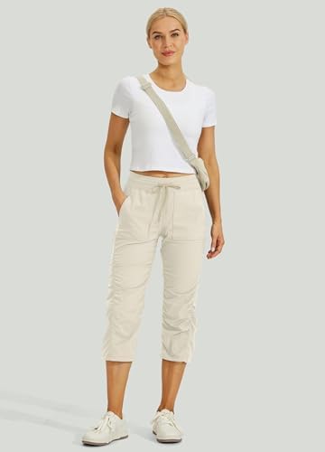 Willit Women's Quick-Dry Capris Hiking Travel Pants Striped Woven Workout Pants with Pockets Lightweight