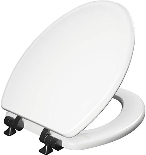 Mayfair Bennett Toilet Seat with Matte Black Hinges, Slow Close Wood Seat, Secure Metal Hinges, Easy Install, Made in USA, Elongated, White