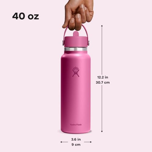 HYDRO FLASK Wide Mouth vacuum insulated stainless steel water bottle with leakproof closeable straw lid for cold water drinks, sports, travel, car and school