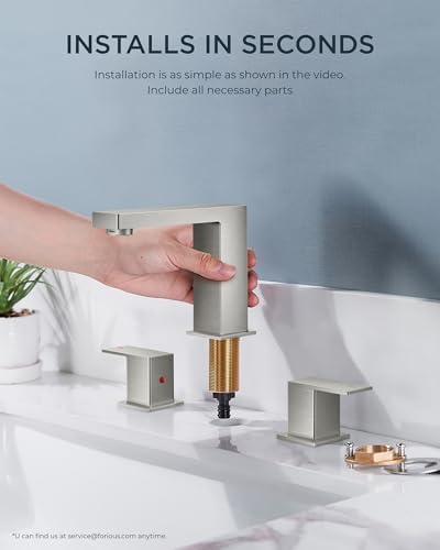 FORIOUS Brushed Nickel Bathroom Faucet for Sink 3 Hole 2 Handle, Stainless Steel Square 8" Widespread Bathroom Vanity Faucets Brushed Nickel 3 Hole with Metal Pop Up Drain, CUPC Water Hoses
