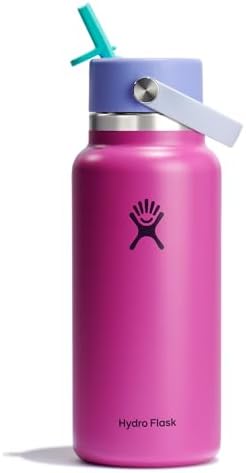 HYDRO FLASK Wide Mouth vacuum insulated stainless steel water bottle with leakproof closeable straw lid for cold water drinks, sports, travel, car and school
