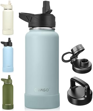 CIVAGO 32 oz Insulated Water Bottle With Straw, Stainless Steel Sports Water Cup Flask with 3 Lids (Straw, Spout and Handle Lid), Wide Mouth Travel Thermal Mug, Sage