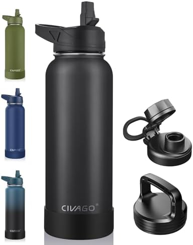 CIVAGO 40 oz Insulated Water Bottle With Straw, Stainless Steel Sports Water Cup Flask with 3 Lids (Straw, Spout and Handle Lid), Double Walled Travel Thermal Canteen Mug, Midnight Black