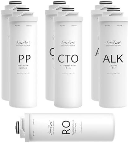 SimPure T1-400ALK 1-Year Replacement Filter Cartridge Pack Set for T1-400ALK Tankless Reverse Osmosis Water Filter System (2*PP + 2*CTO + 1*RO + 2*ALK)