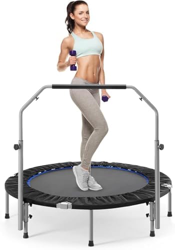 Sweetcrispy 40" in/48 in Mini Fitness Trampoline - 330LBS Foldable Exercise Rebounder with Adjustable Handle, Stable and Quiet, for Adults Indoor/Outdoor Workout