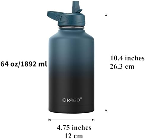 CIVAGO 64 oz Insulated Water Bottle With Straw, Half Gallon Stainless Steel Sports Water Flask Jug with 3 Lids (Straw, Spout and Handle Lid), Large Metal Thermal Cup Mug, Indigo Black