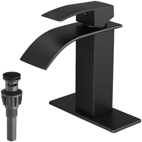 VOTON Black Bathroom Faucets Modern Waterfall Bathroom Sink Faucet Matte Black Single Handle Bathroom Faucet for 1 or 3 Holes with Deck Plate and Pop-Up Drain, Rv Sink Camper Farmhouse Bathroom Faucet