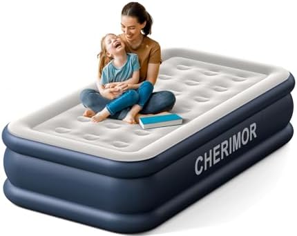 Twin Air Mattress with Built in Pump, 18 Raised Thick Inflatable Bed, 440lb Comfort Support, Inflatable Blow Up Mattress with Carry Bag for Camping, Fast Self-Inflating Air Bed for Guest&Home