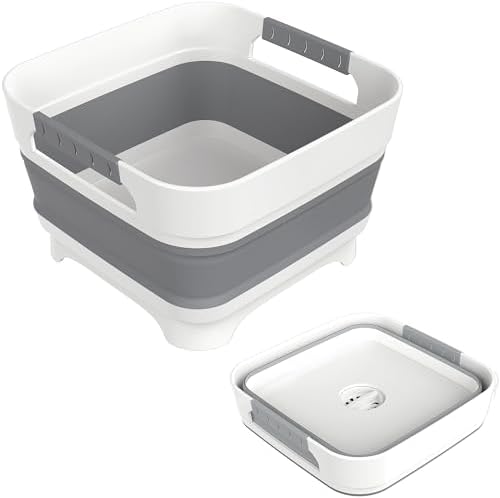 2.4 Gal Collapsbile Wash Basin with Drian Plug,9L Dish Pan for Soaking Baby Bottles,Portable Sink, Multiuse Foldable Bucket,Ice Beverage Tubs for Camping, Vegetable Washing, RV (Gray)