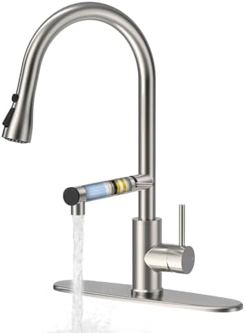 FEELSO Kitchen Faucets, Upgraded Filter Water Kitchen Faucet with Pull Down Sprayer, Brushed Nickel Stainless Steel High Arc 1 Or 3 Hole Kitchen Sink Faucet for Remove Chorine, Harmful Substances