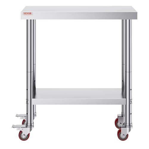 VEVOR Stainless Steel Work Table 30 x 12 x 34 Inch, 700 LBS Load Capacity with 4 Wheels, 3 Adjustable Height Levels, Heavy Duty Food Prep Worktable for Commercial Kitchen Restaurant, Silver