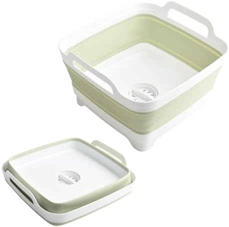 Collapsible Dish Basin Foldable Kitchen Sink With Drain Plug Plastic Laundry Tub 9L/2.4Gal RV & Camping Wash Basin Space-Saving Bottle Washing Sink (Green)