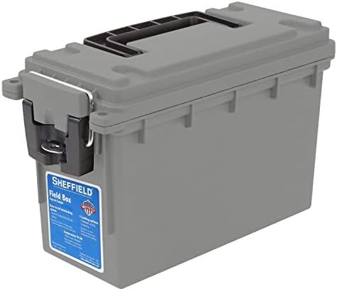 Sheffield 12628 Ammo Storage Box, Stackable .30 Cal Field Boxes, Water and Dust Resistant, Lockable Storage Box with Handle, Secures Hunting Gear, Supplies, and Bullets, Made in USA, Gray, 1-Pack