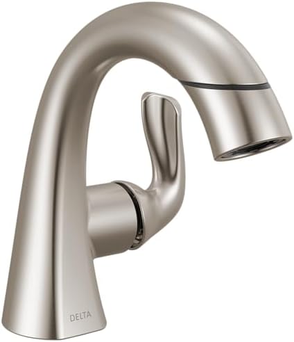 Delta Arvo 1 Hole Pull Down Bathroom Faucet with Sprayer, Brushed Nickel Single Hole Bathroom Sink Faucet with Pull Out Sprayer for Vanity, Push-Pop Drain, SpotShield Stainless 15840LF-SPPD