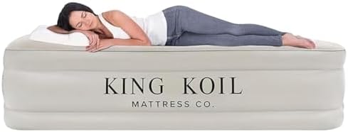 King Koil Luxury Air Mattress 20in Full Size Beige with Built-in Pump for Home, Camping & Guests-Inflatable Airbed Luxury Double High Adjustable Blow Up Mattress, Durable - Portable and Waterproof